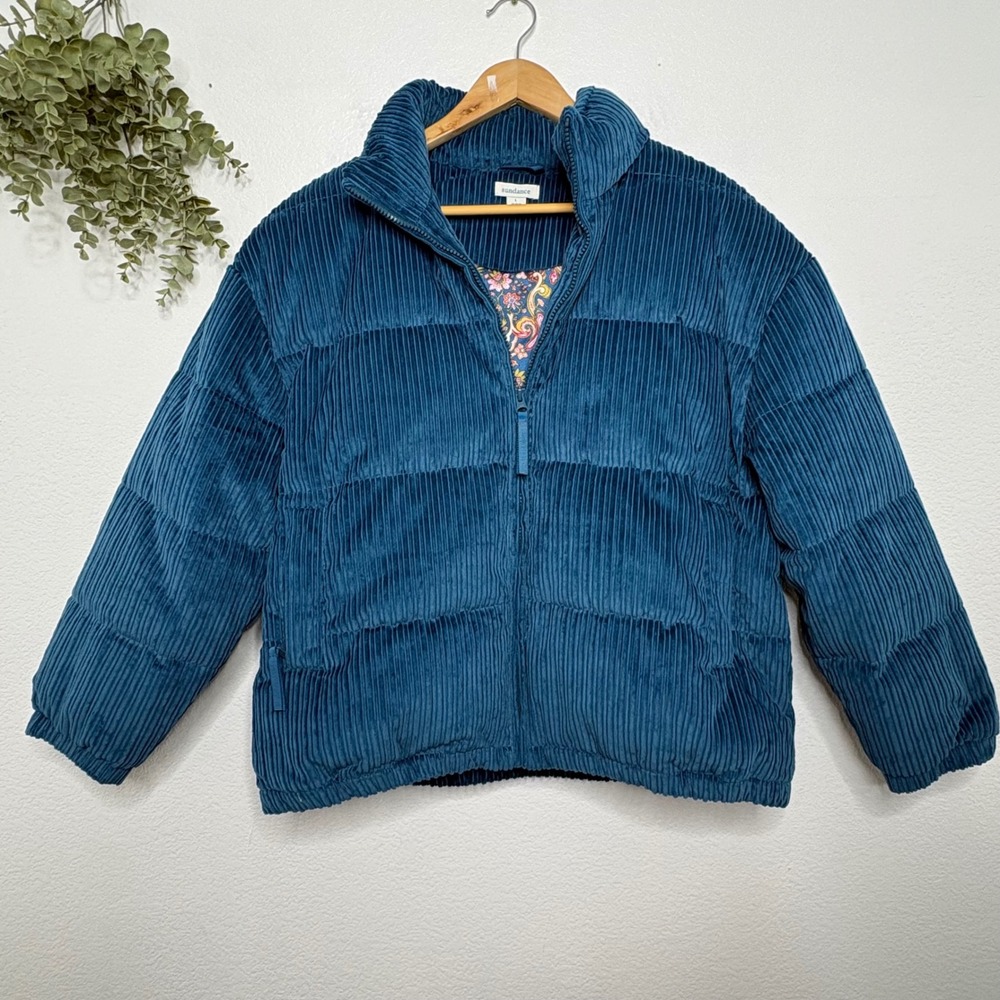 Sundance Teal Blue Corduroy Down Puffer Jacket Floral Paisley Lining Large - Picture 2 of 8